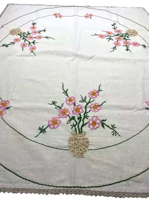 VTG Bucilla? Asian Floral Embroidered Tablecloth Table Topper Crochet Edge 29x34