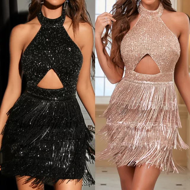 fr Women Bodycon Mini Dress Sexy Tassels Sequins Ladies Prom Gown Night Club Out