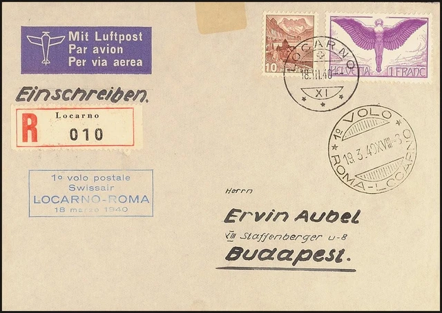 24442) Schweiz Luftpost 191z, 363a Brief 1940 Locarno-Rom-Budapest