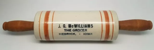 Advertising Western Stoneware Rolling Pin Band J. G. McWILLIAMS - Hedrick, IOWA