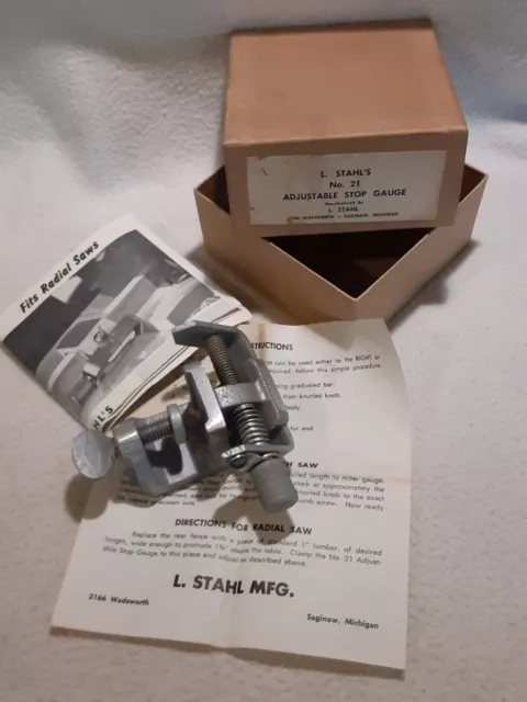 Vintage L. Stahl Adjustable Work Stop Gauge #21 W Box Instructions And Paper