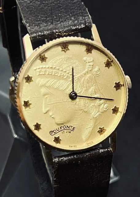 Vintage DUFONTE Lucien Piccard Mens 34mm Gold Liberty Coin 17j Swiss Wind Watch Vintage DUFONTE Lucien Piccard Mens 34mm Gold Liberty Coin 17j Swiss Wind Watch