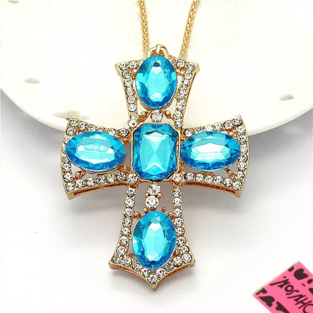 New Fashion Blue Shiny Crystal Cross Pendant Sweater Long Chain Womem Necklace