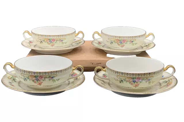 Jean Pouyat Limoges Wanamaker Porcelain Cream Soup Bowls & Saucers - Set of 4