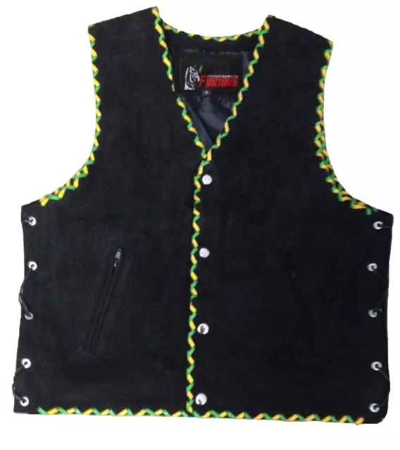 Motorcycle Suede Vest Biker Rider Waistcoat Green Yellow Leather Braided Vest