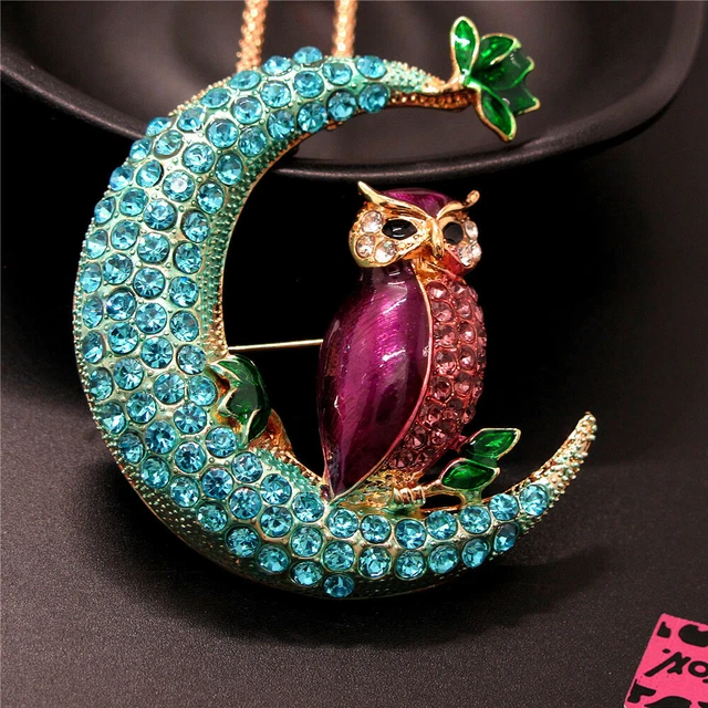 New Betsey Johnson Blue Rhinestone Cute Owl Moon Crystal Pendant Chain Necklace