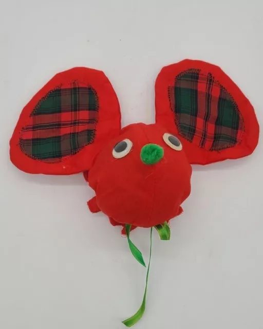 Vintage Christmas Mouse Door Knob Cover Red Plaid Ears Googly Eyes