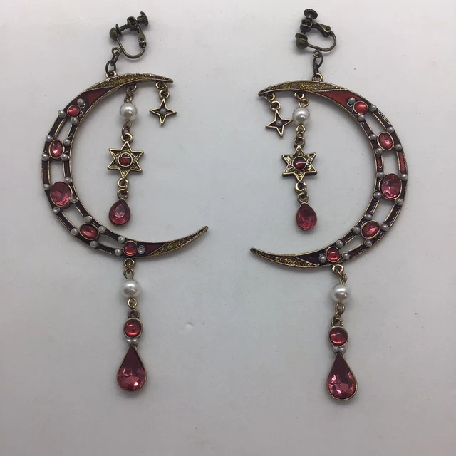 Large moon and stars screw back earrings costume jewelry pink accent rhinestones