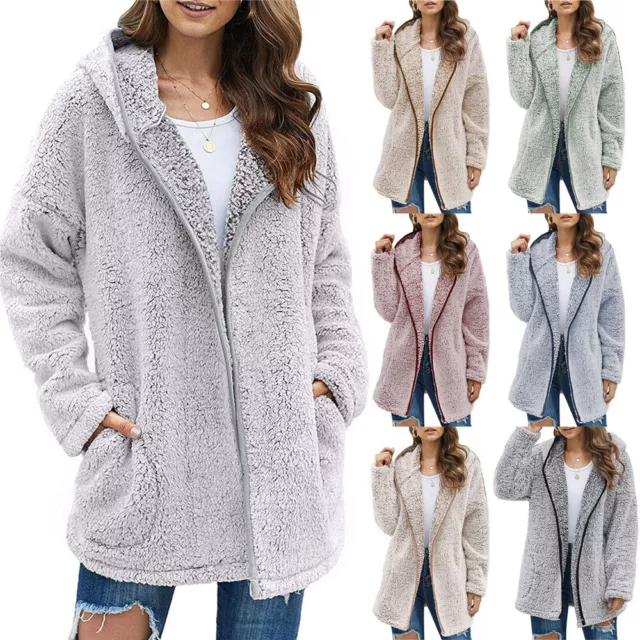 Womens Winter Warm Teddy Bear Cardigan Coat Fleece Fluffy Hooded Jacket Tops UK
