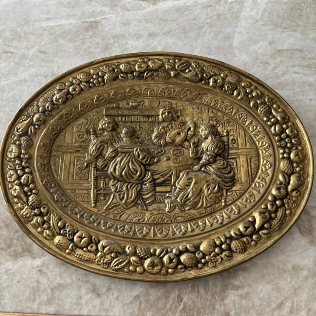 Vintage Brass Wall Plate Plaque platter Oval 16” England Fruit RARE PATINA