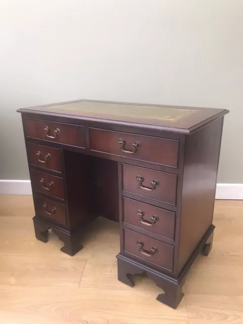 Small Antique Style Leather Top Pedestal Writing Desk