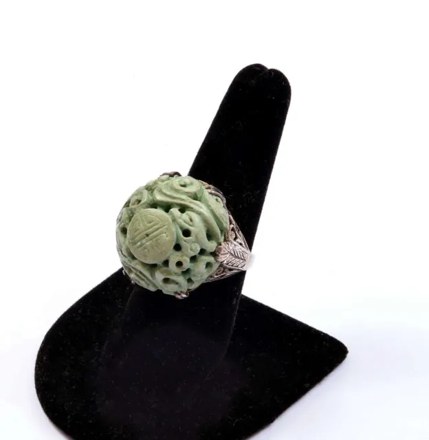 1900's Chinese Turquoise Carved Carving Cabochon Solid Silver Ring