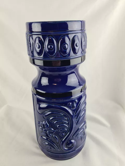 Große dekorative 70er Jahre Keramik Vase blau mit schönem Reliefdekor TOP