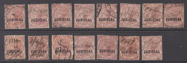Jamaica: Collection of 15 QV Two Shilling Stamps Overprinted "Judicial"