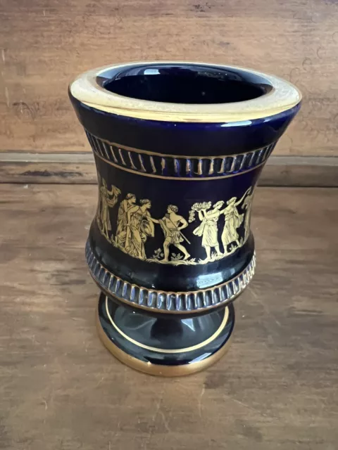 Spyropoulos Greece Greek Black 24k Gold Handmade Small Vase 4 inch Tall