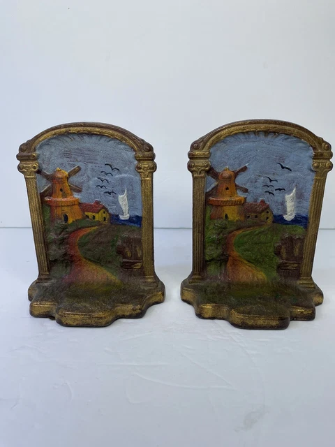 Cast Iron Polychrome Windmill Sailboat Scene Bookends