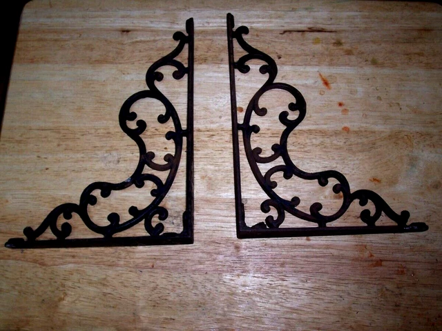 PAIR ANTIQUE VICTORIAN FANCY ORNATE CAST IRON WALL SHELF BRACKETS  7" x 9 1/2"