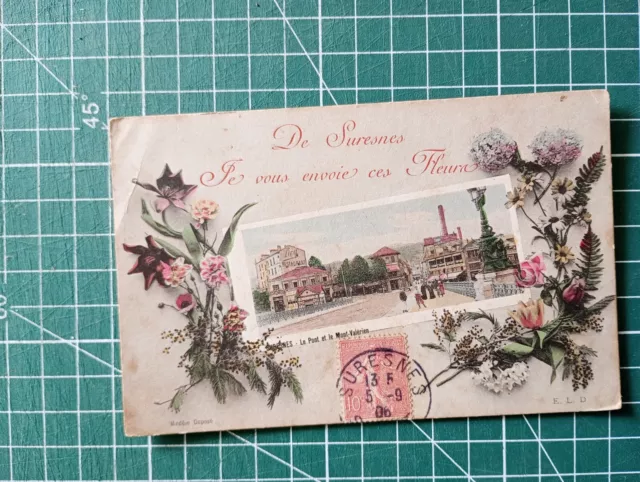 VF141 CPA circa 1900 fantaisie dessin fleurs paysage maison Suresnes