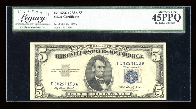 DBR 1953-A $5 Silver Fr. 1656 FA Block Legacy 45 PPQ Serial F54294150A
