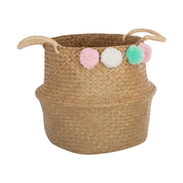 Cesta Multiusos Atmosphera Infantil Mimbre Pompones [34 x 28 x 34 cm]