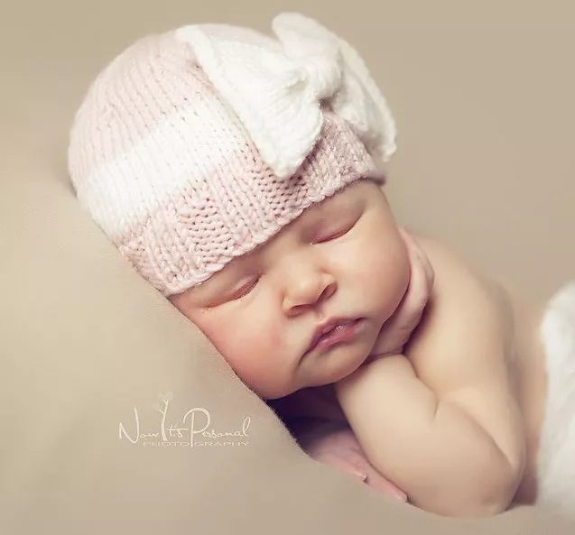 Hand Knitted Crochet Baby Hat Bow Prop Cashmerino Silk Girl Pink Newborn-12m