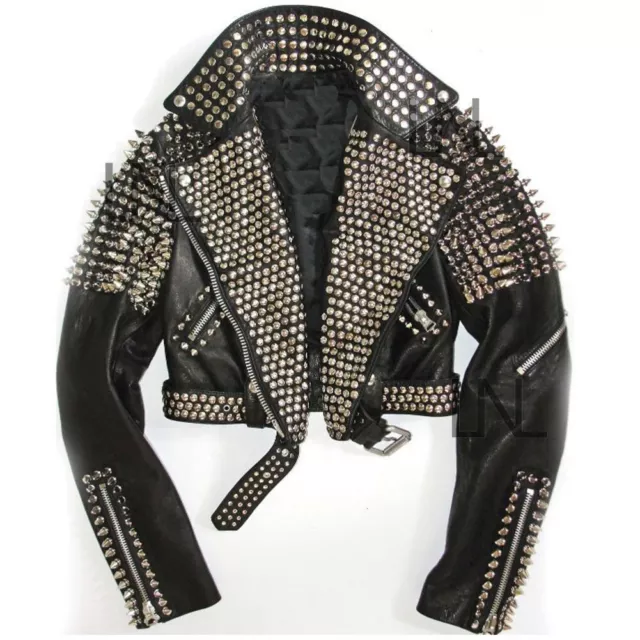 Women's Black Leather Rock Steam Punk Style Studded Silver Long Studs Jacket