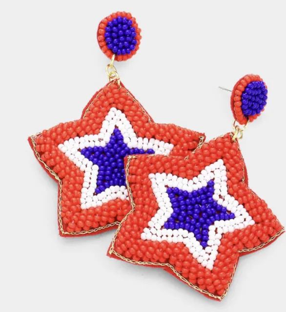 Patriotic 4Th Of July Red White & Blue Star Seed Bead Dangle Earrings