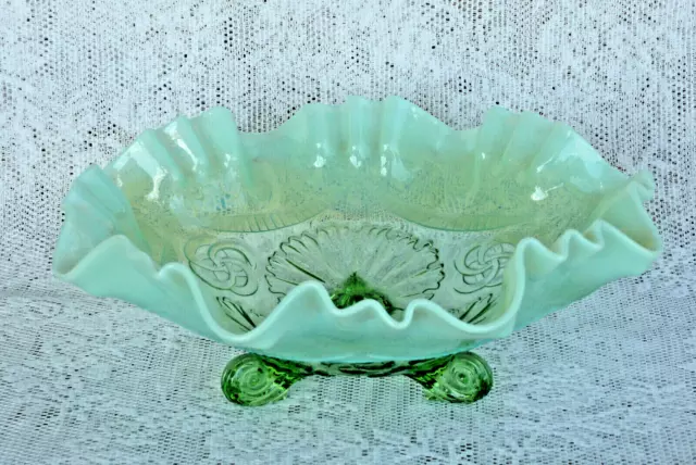 Jefferson Green Opalescent Footed Glass Bowl ~ Candy Dish ~ Rings and Ruffles