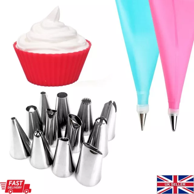 14Pc Reusable Icing Piping Cake Cupcake Cookie Decorating Kit Steel Nozzle Set