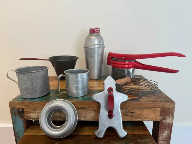 Vintage RED Handled Potato Ricer Masher Strainer Kitchen Utensils Farmhouse Lot