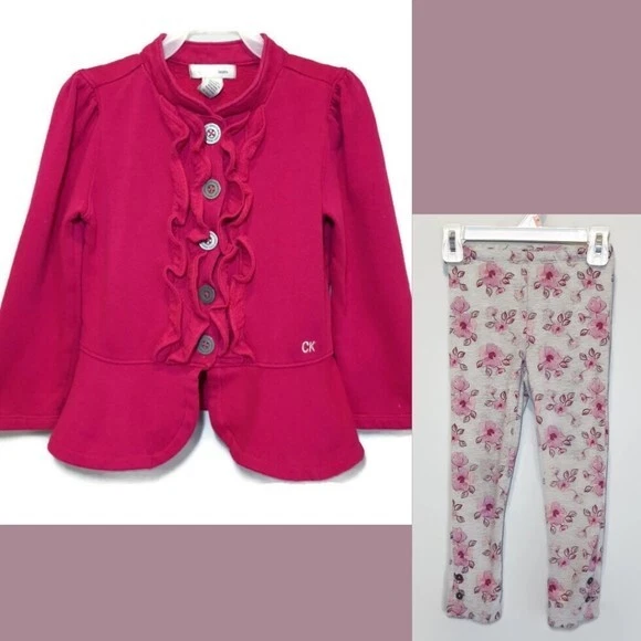 Calvin Klein Military Jacket Leggings Set Girls Size 5 Pink Ruffled Peplum