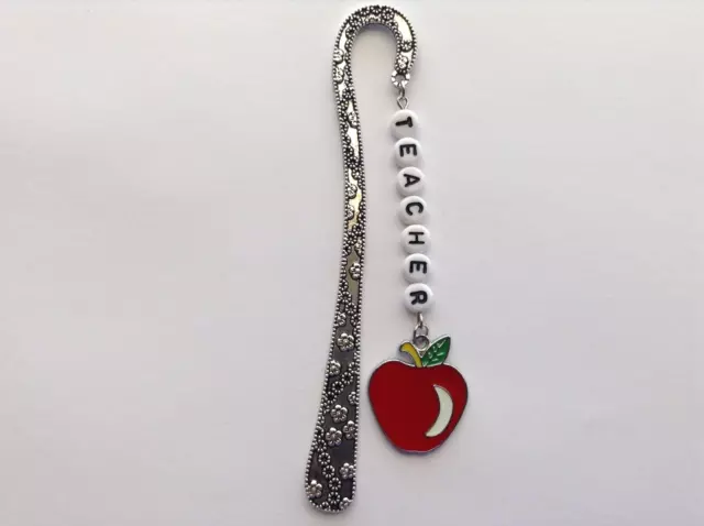 Teacher Letter Alphabet  Enamel Red Apple Charm Silver Tone Flower Bookmark 2