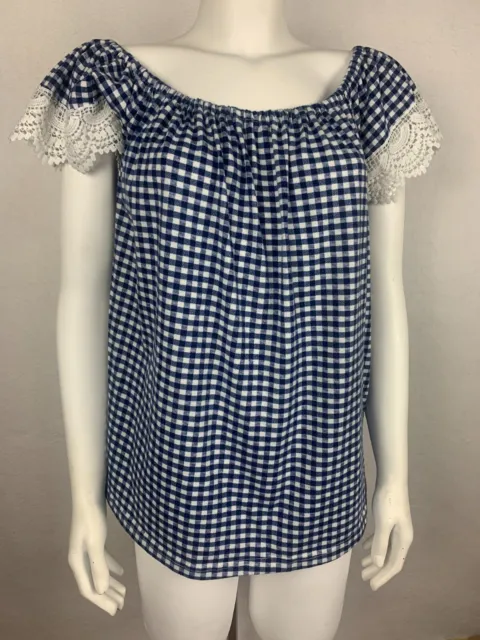 Blue White SIZE 2X Short Sleeve SHIRT TOP Off Shoulder GINGHAM Womens Plus CHECK