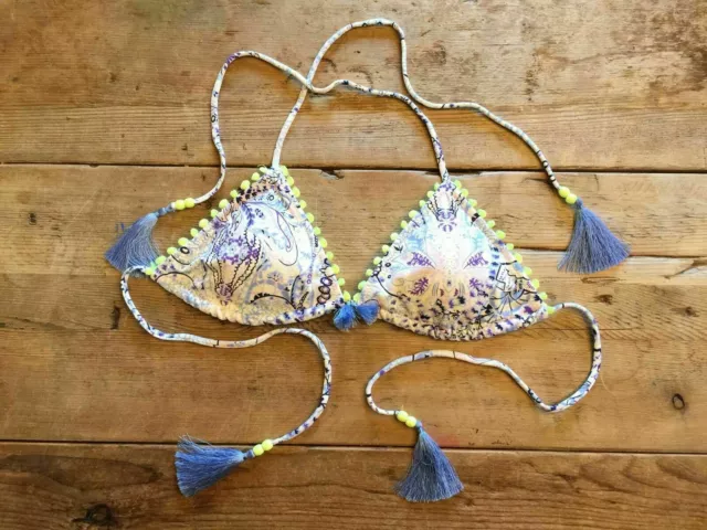 Victoria's Secret Blue Floral Pom SMALL Teeny Triangle Swim Suit Bikini Top VS!!