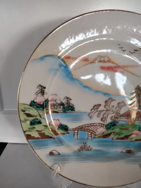 Kutani Japan 1950s Plate-Mt Fuji, Water, Village Scene-Gold Detail-Signed 2