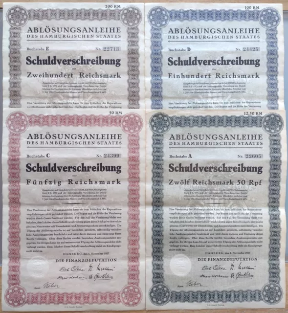 Lot x 4 Anleihe Hamburgischen Staates Bonds 1927 Germany Hamburg State Stock