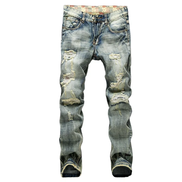 Men Ripped Biker Jeans Casual Slim Trousers Fit Jogger Denim Skinny Frayed Pants