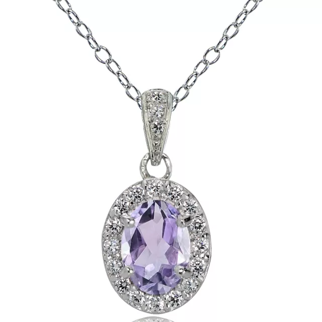 Sterling Silver Amethyst and White Topaz Oval Halo Necklace