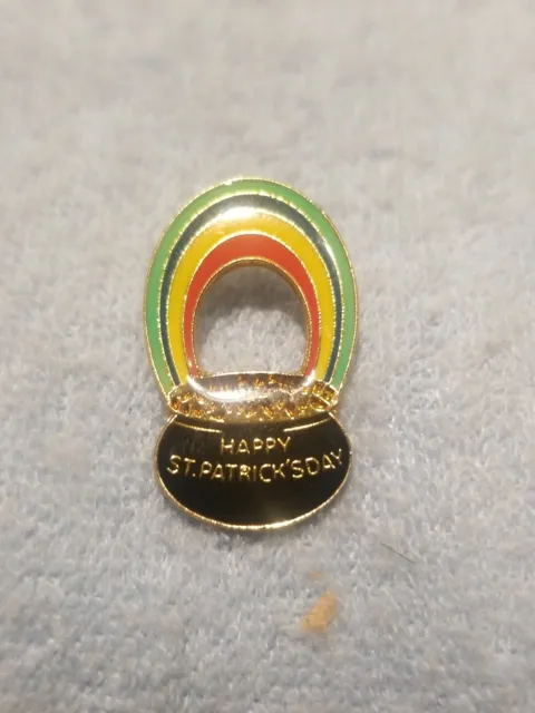 Vintage Happy St Patricks  Day   Rainbow & Pot Of Gold Lapel Hat Vest Pin