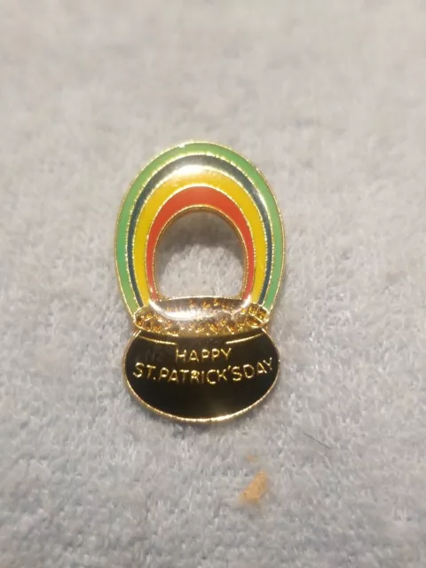 Vintage Happy St Patricks  Day   Rainbow & Pot Of Gold Lapel Hat Vest Pin