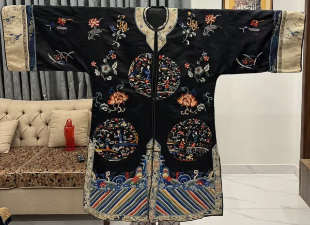 Antique Chinese Hand Embroidery Qing Dynasty  Silk Robe Lenght 110 Chest 126 Cm