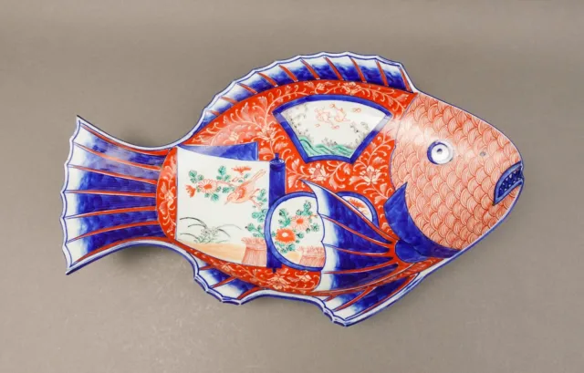 Japanese Antique Hand Painted Imari Fish Porcelain Large Platter Tray 16 1/4"