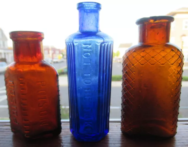 Lot of 3 Amber Cobalt Blue Hobnailed Lattice Poison Bottle One Bid Buys Them All
