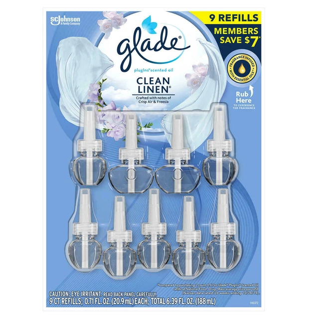 Glade PlugIns Scented Oil Refill,Oil Infused Wall Plug In (9 ct)  clean linen