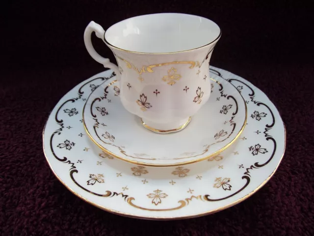 Royal Osborne Bone China Trio, Cup, Saucer and Large Tea Plate, Gold on White.