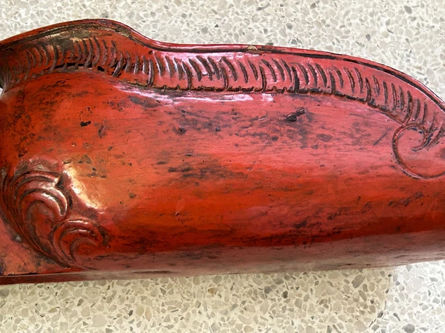 Carved Wooden Teak Red Lacquer Rice Scoop Monkey Burmese Myanmar 18" 9