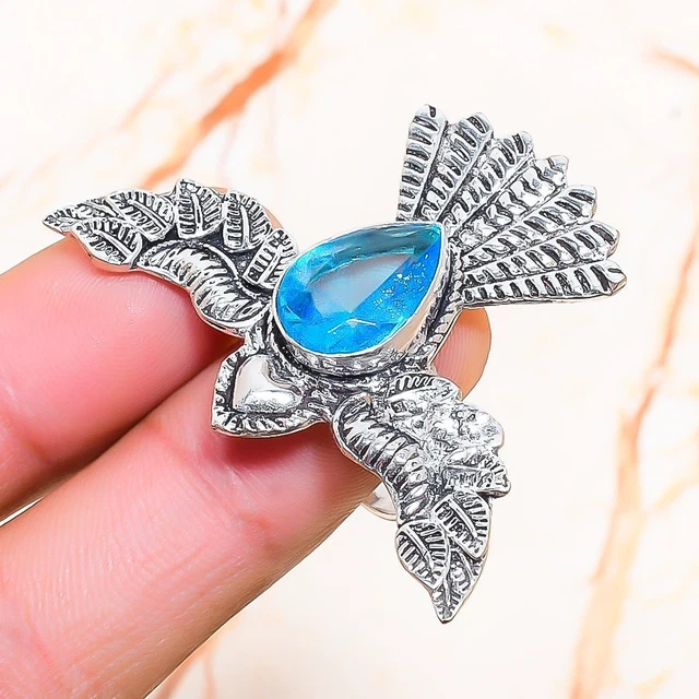Swiss Blue Topaz Gemstone Handmade Gift Jewelry Ring Size 7.5 m630