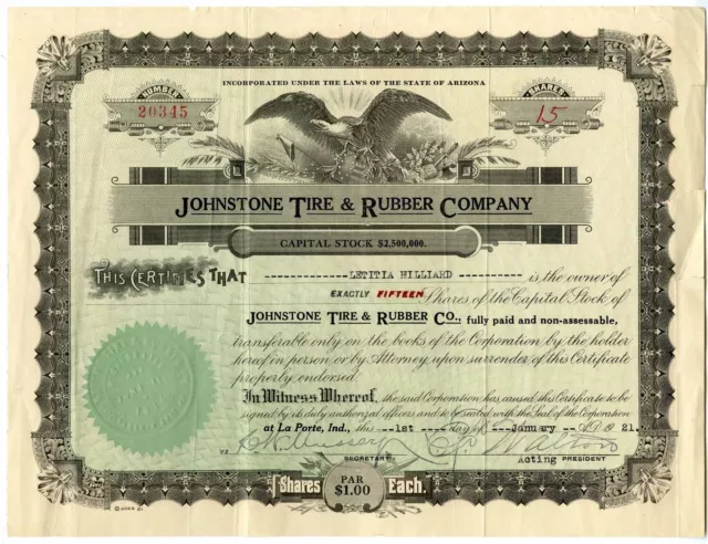AZ. Johnstone Tire & Rubber Co., 1921 15 Shrs I/U Stock Cert., Fine-VF GOES