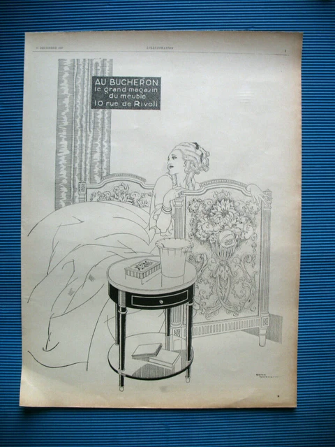 PUBLICITE DE PRESSE AU BUCHERON MAGASIN MOBILIER ILLUSTRATION RENé VINCENT 1927