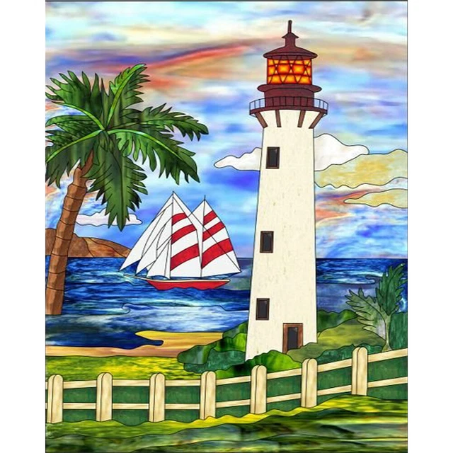 Cartoon Lighthouse Oil Paint By Numbers DIY Canvas Wall Art Picture Craft Home F